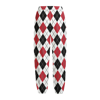 Red Black And White Argyle Pattern Print Fleece Lined Knit Pants