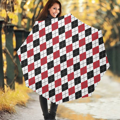 Red Black And White Argyle Pattern Print Foldable Umbrella
