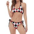 Red Black And White Argyle Pattern Print Halter Scoop Tie Side Bikini