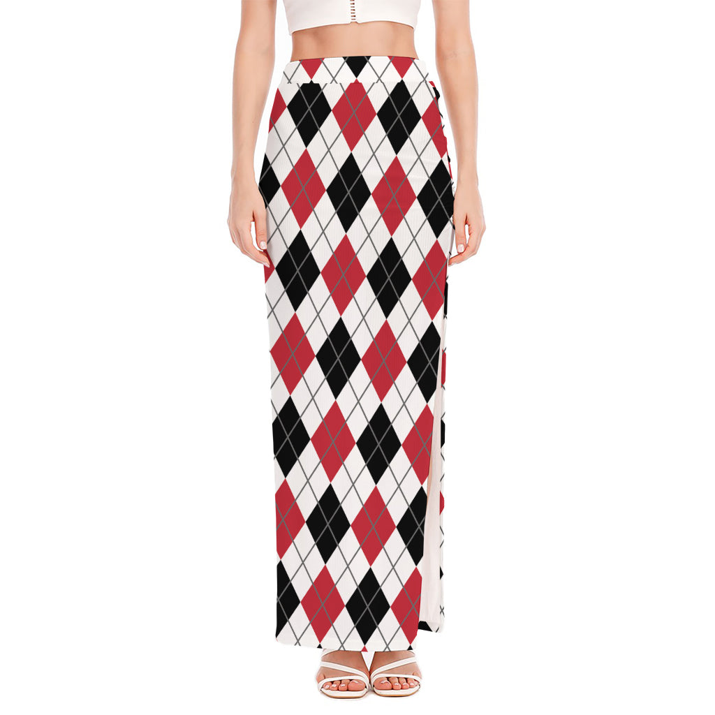 Red Black And White Argyle Pattern Print High Slit Maxi Skirt
