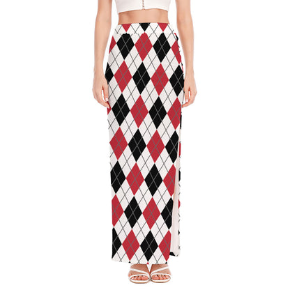 Red Black And White Argyle Pattern Print High Slit Maxi Skirt