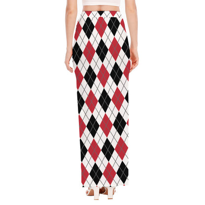 Red Black And White Argyle Pattern Print High Slit Maxi Skirt