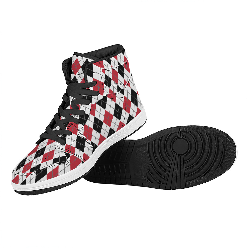 Red Black And White Argyle Pattern Print High Top Leather Sneakers