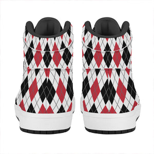 Red Black And White Argyle Pattern Print High Top Leather Sneakers