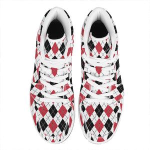 Red Black And White Argyle Pattern Print High Top Leather Sneakers
