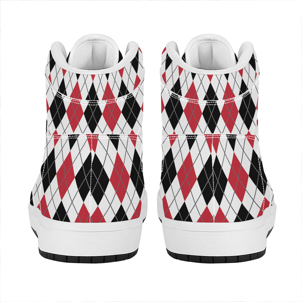 Red Black And White Argyle Pattern Print High Top Leather Sneakers