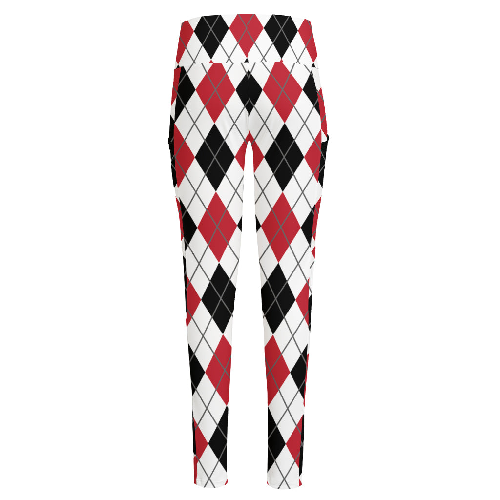 Red Black And White Argyle Pattern Print High-Waisted Pocket Leggings