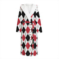 Red Black And White Argyle Pattern Print Hooded Bathrobe