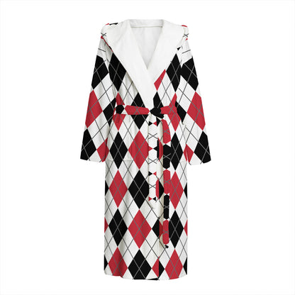 Red Black And White Argyle Pattern Print Hooded Bathrobe