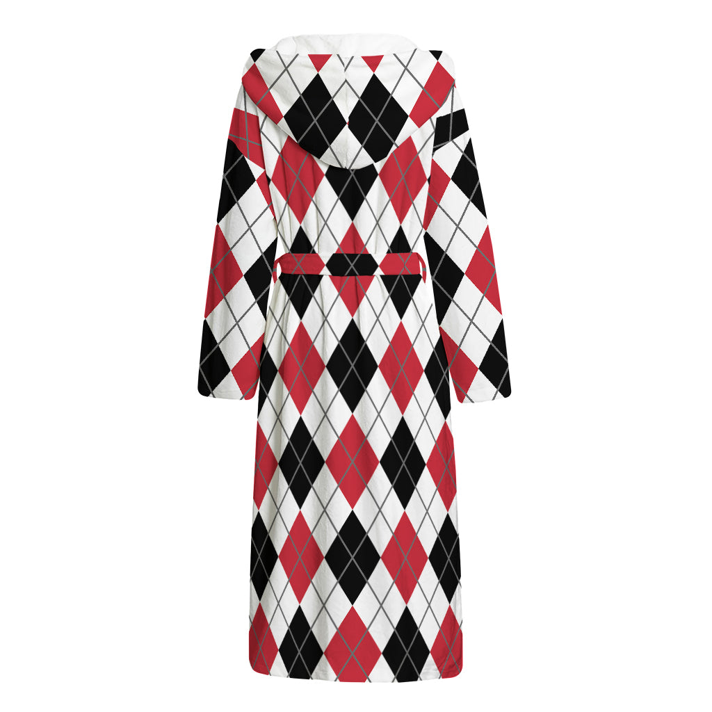 Red Black And White Argyle Pattern Print Hooded Bathrobe
