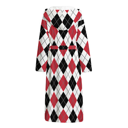 Red Black And White Argyle Pattern Print Hooded Bathrobe