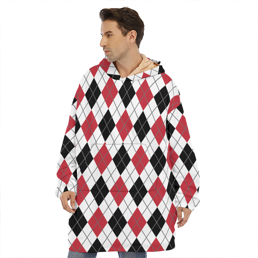 Red Black And White Argyle Pattern Print Hoodie Blanket