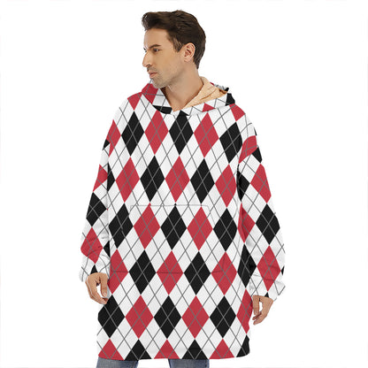 Red Black And White Argyle Pattern Print Hoodie Blanket