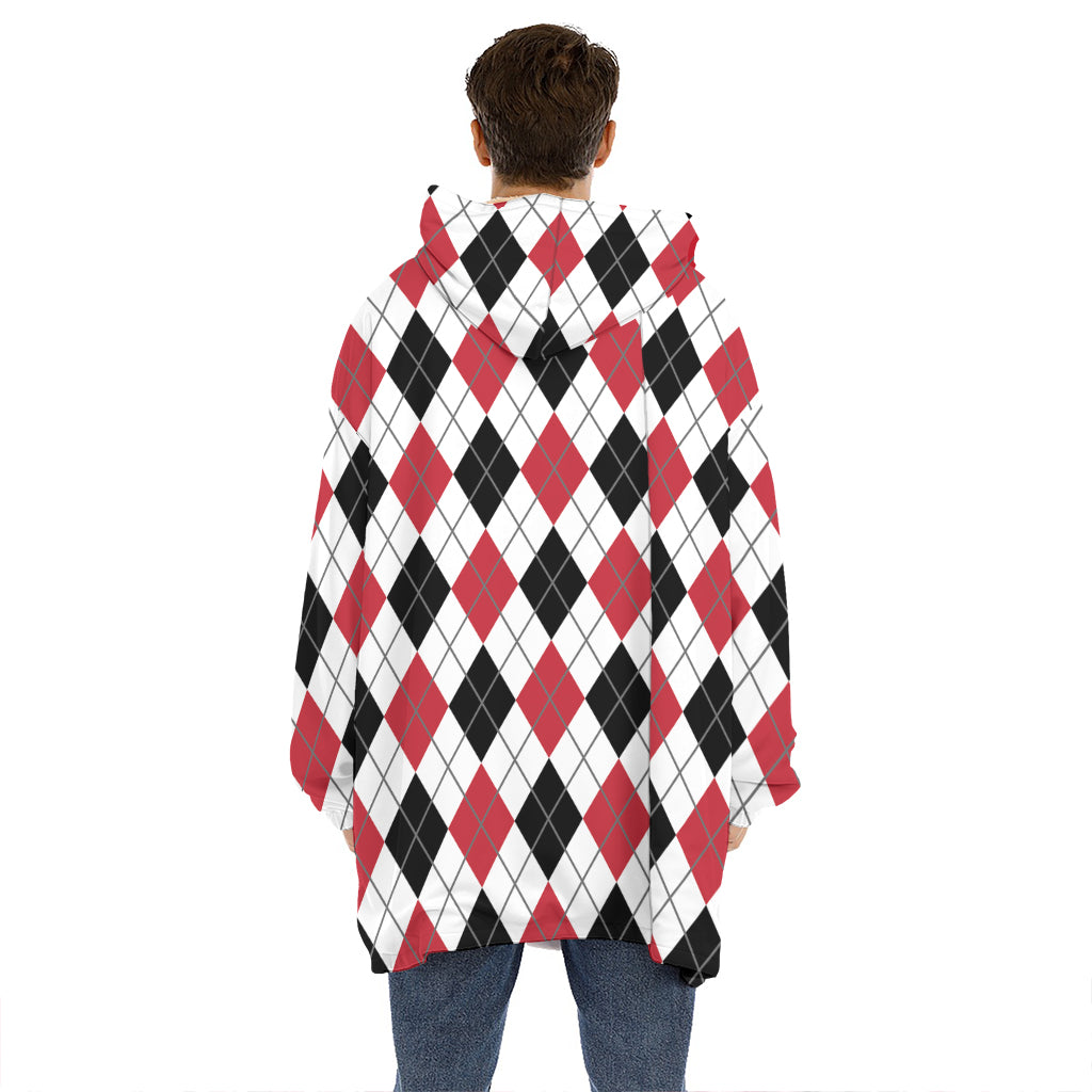 Red Black And White Argyle Pattern Print Hoodie Blanket