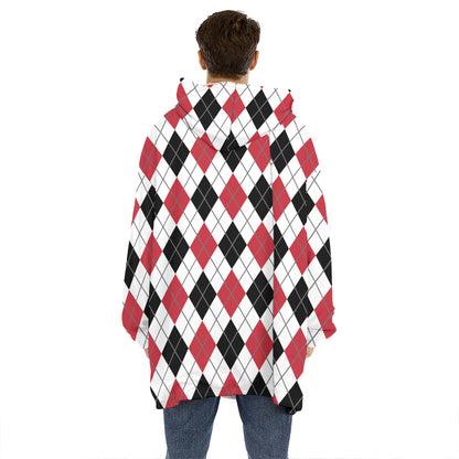 Red Black And White Argyle Pattern Print Hoodie Blanket