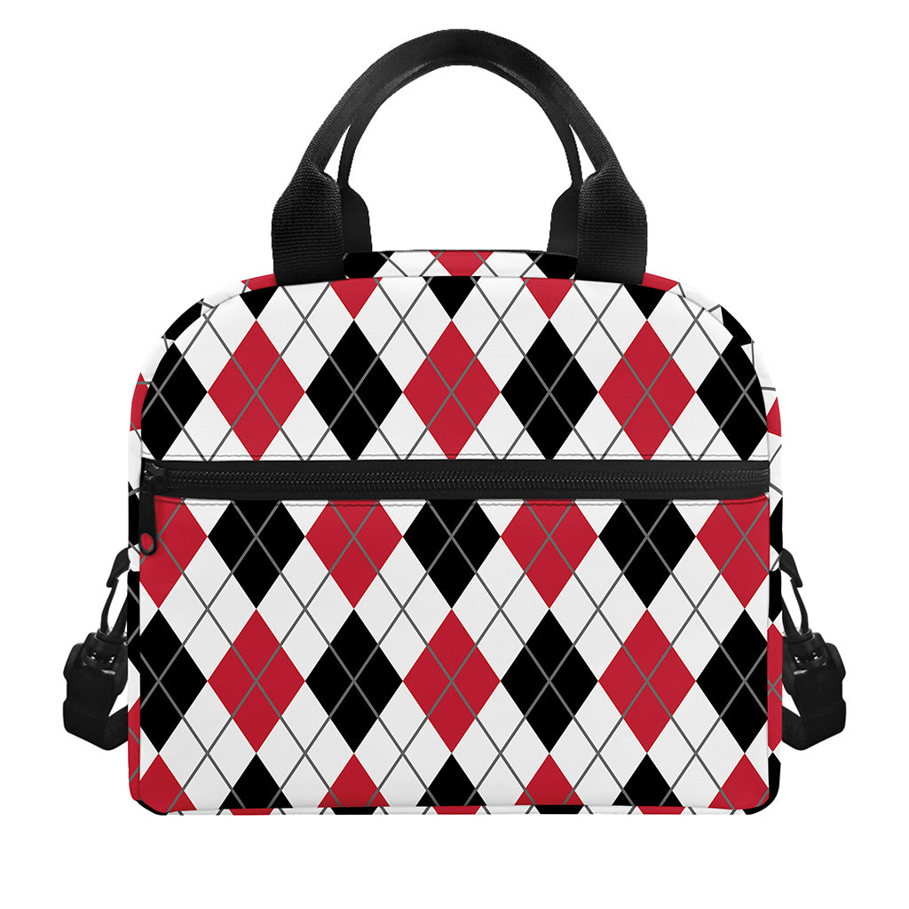 Red Black And White Argyle Pattern Print Insulated Lunch Bag