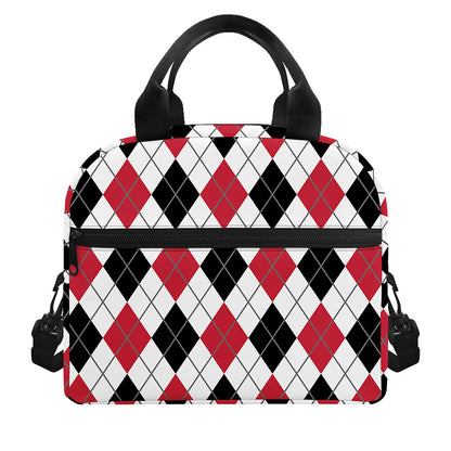 Red Black And White Argyle Pattern Print Insulated Lunch Bag