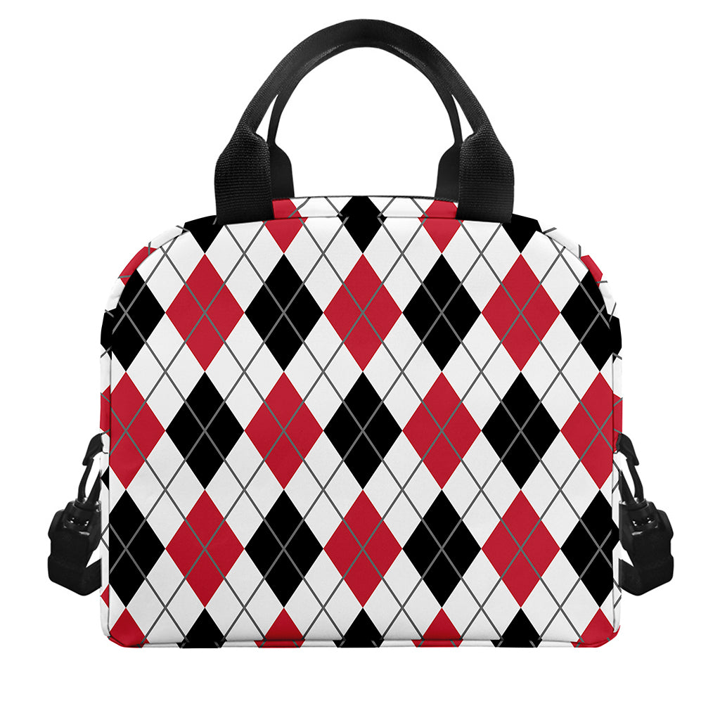 Red Black And White Argyle Pattern Print Insulated Lunch Bag