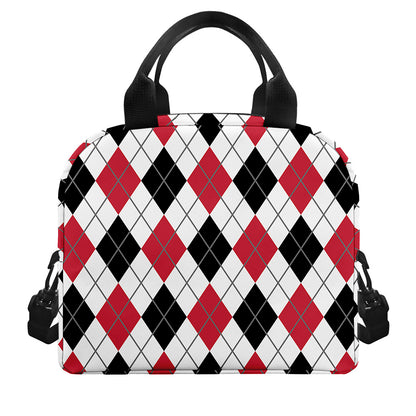 Red Black And White Argyle Pattern Print Insulated Lunch Bag