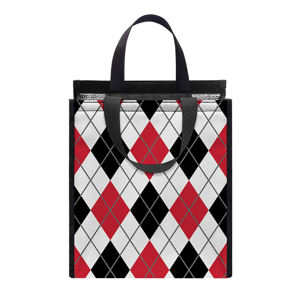 Red Black And White Argyle Pattern Print Insulated Lunch Tote