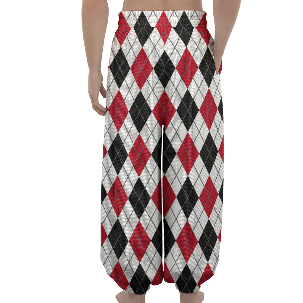 Red Black And White Argyle Pattern Print Lantern Pants