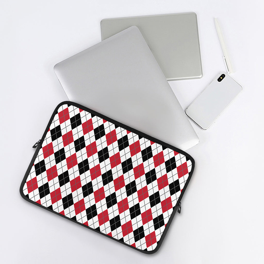 Red Black And White Argyle Pattern Print Laptop Sleeve