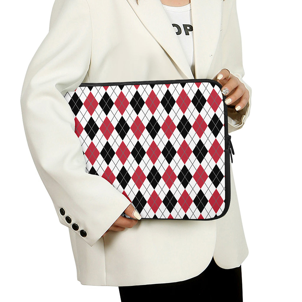 Red Black And White Argyle Pattern Print Laptop Sleeve