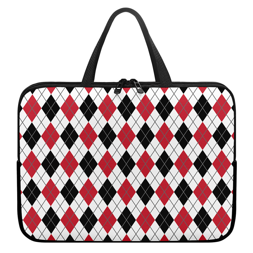 Red Black And White Argyle Pattern Print Laptop Sleeve With Handle