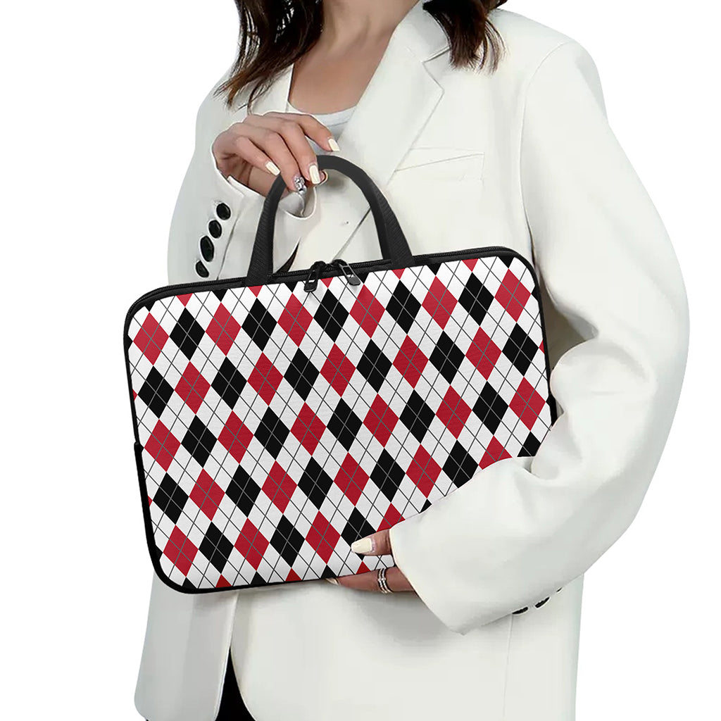Red Black And White Argyle Pattern Print Laptop Sleeve With Handle