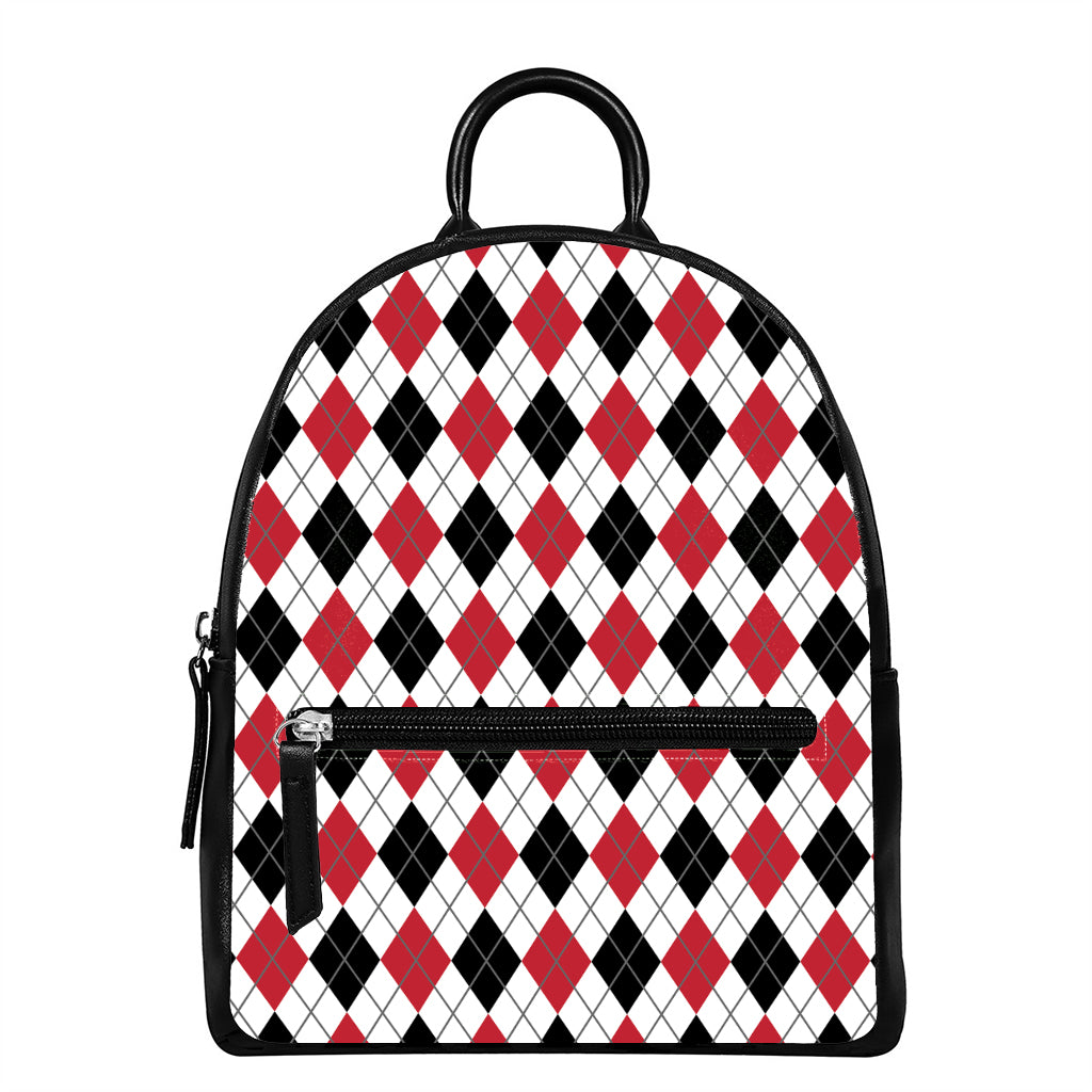 Red Black And White Argyle Pattern Print Leather Backpack