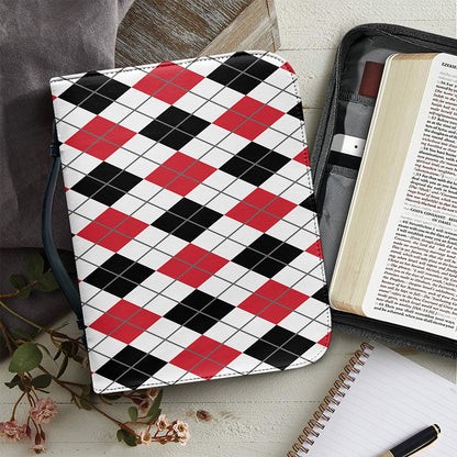Red Black And White Argyle Pattern Print Leather Bible Cover