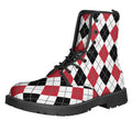Red Black And White Argyle Pattern Print Lace-Up Boots