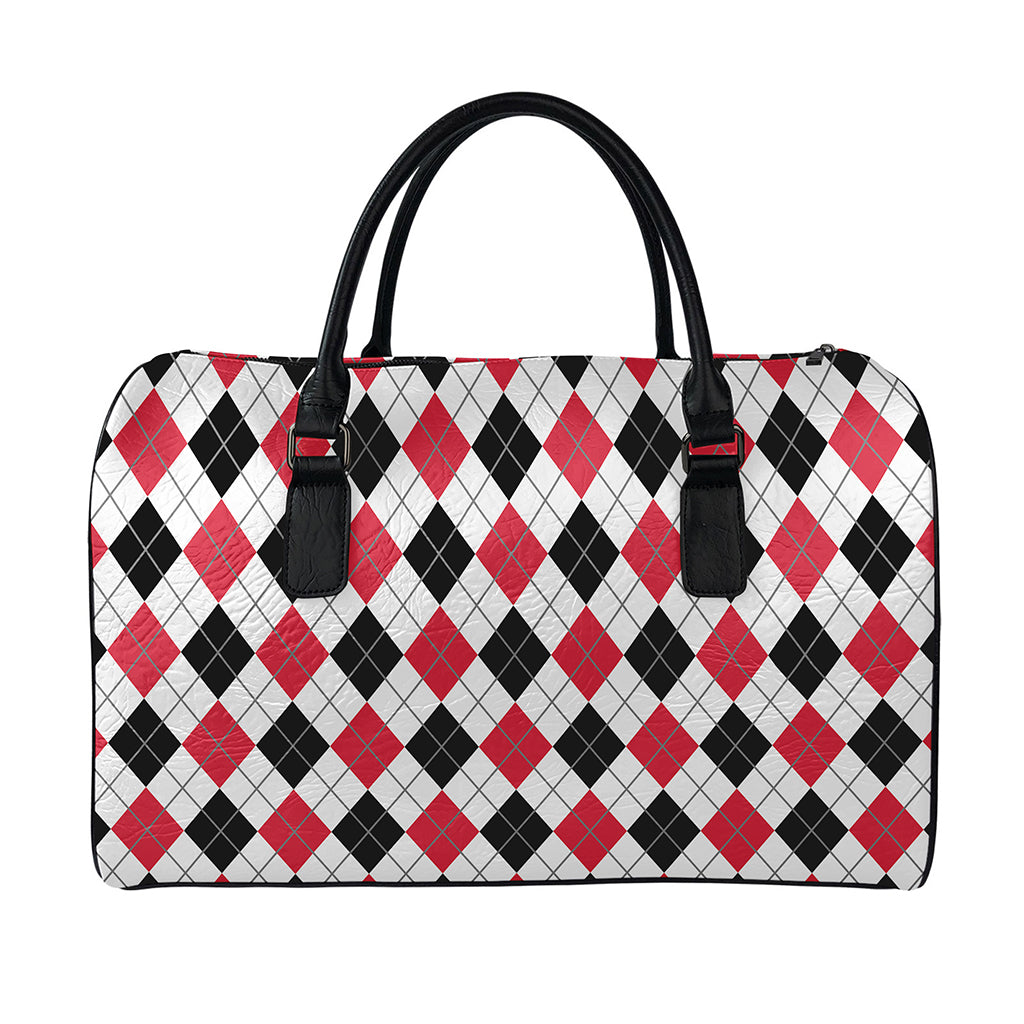 Red Black And White Argyle Pattern Print Leather Duffle Bag