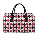 Red Black And White Argyle Pattern Print Leather Duffle Bag
