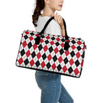 Red Black And White Argyle Pattern Print Leather Duffle Bag