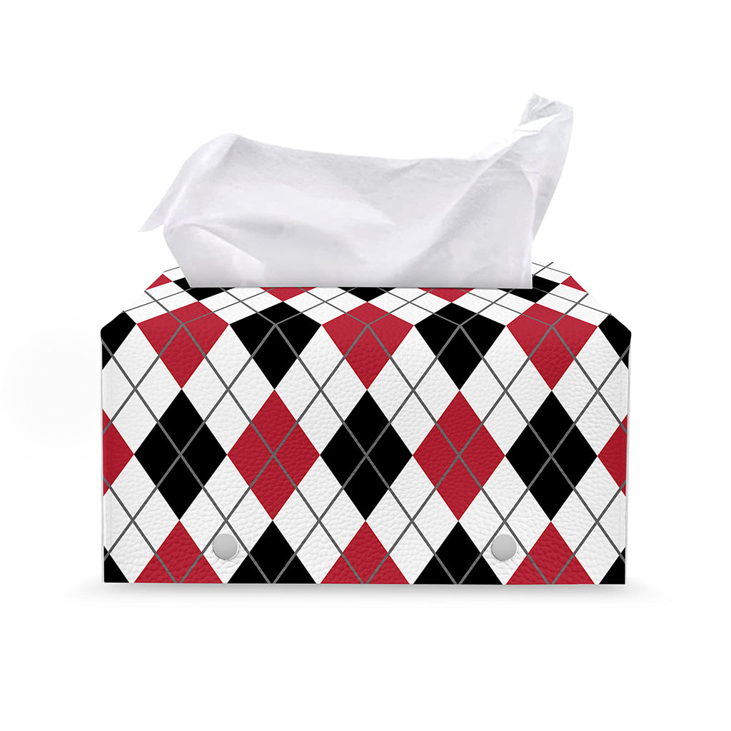 Red Black And White Argyle Pattern Print Leather Tissue Box Cover