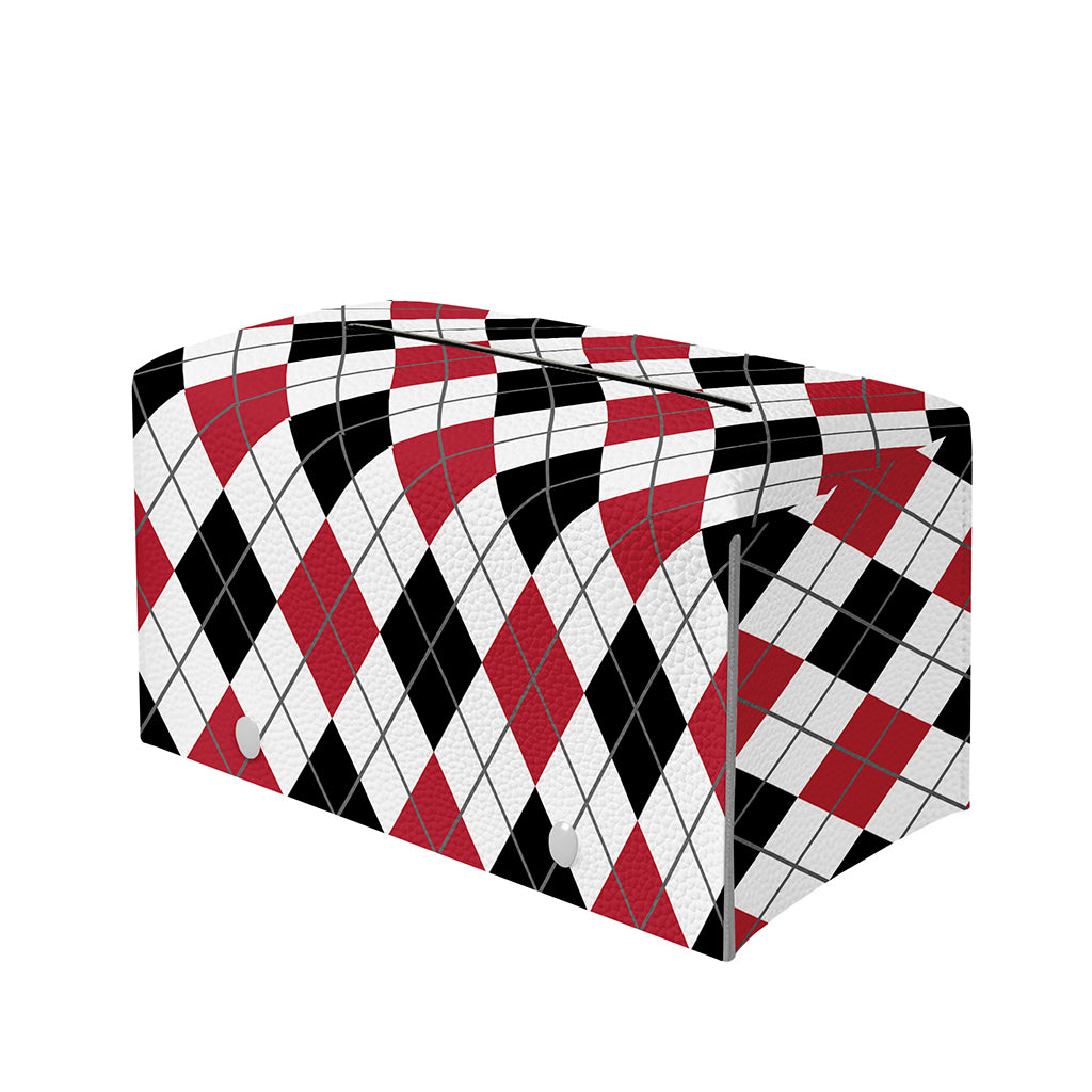 Red Black And White Argyle Pattern Print Leather Tissue Box Cover