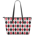 Red Black And White Argyle Pattern Print Leather Tote Bag With Zipper