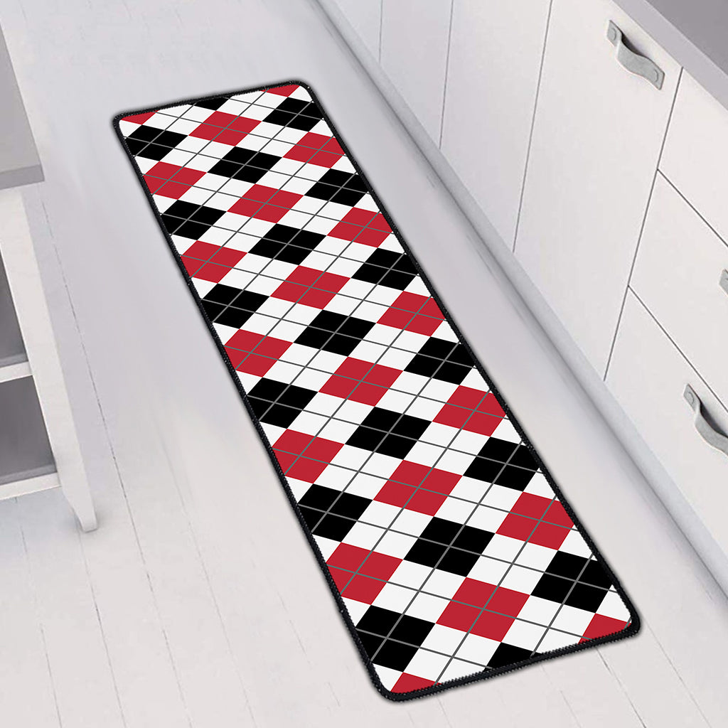 Red Black And White Argyle Pattern Print Long Kitchen Mat