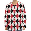 Red Black And White Argyle Pattern Print Long Sleeve Baseball Jersey