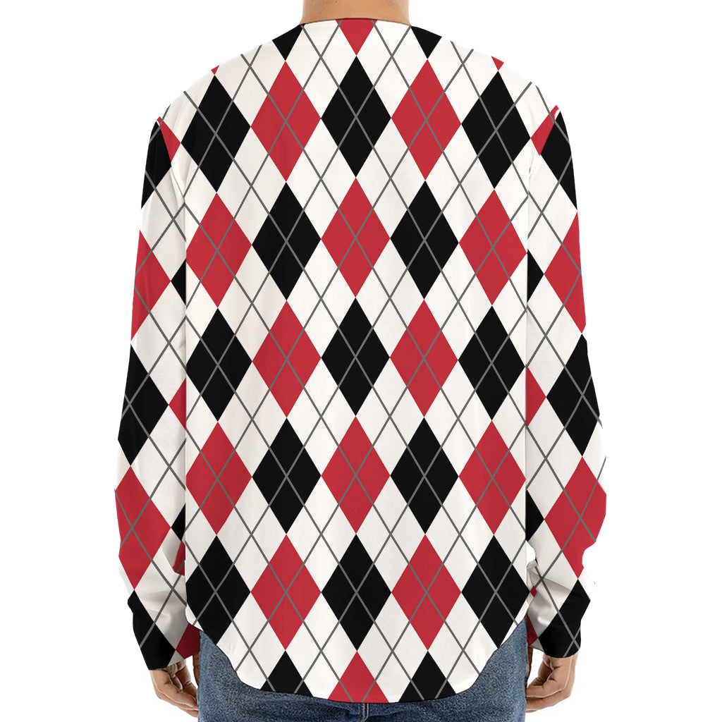 Red Black And White Argyle Pattern Print Long Sleeve Baseball Jersey