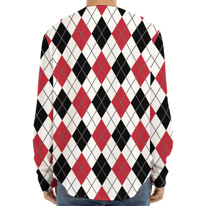 Red Black And White Argyle Pattern Print Long Sleeve Baseball Jersey