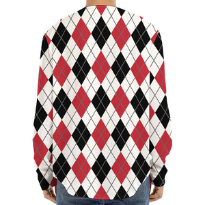 Red Black And White Argyle Pattern Print Long Sleeve Baseball Jersey