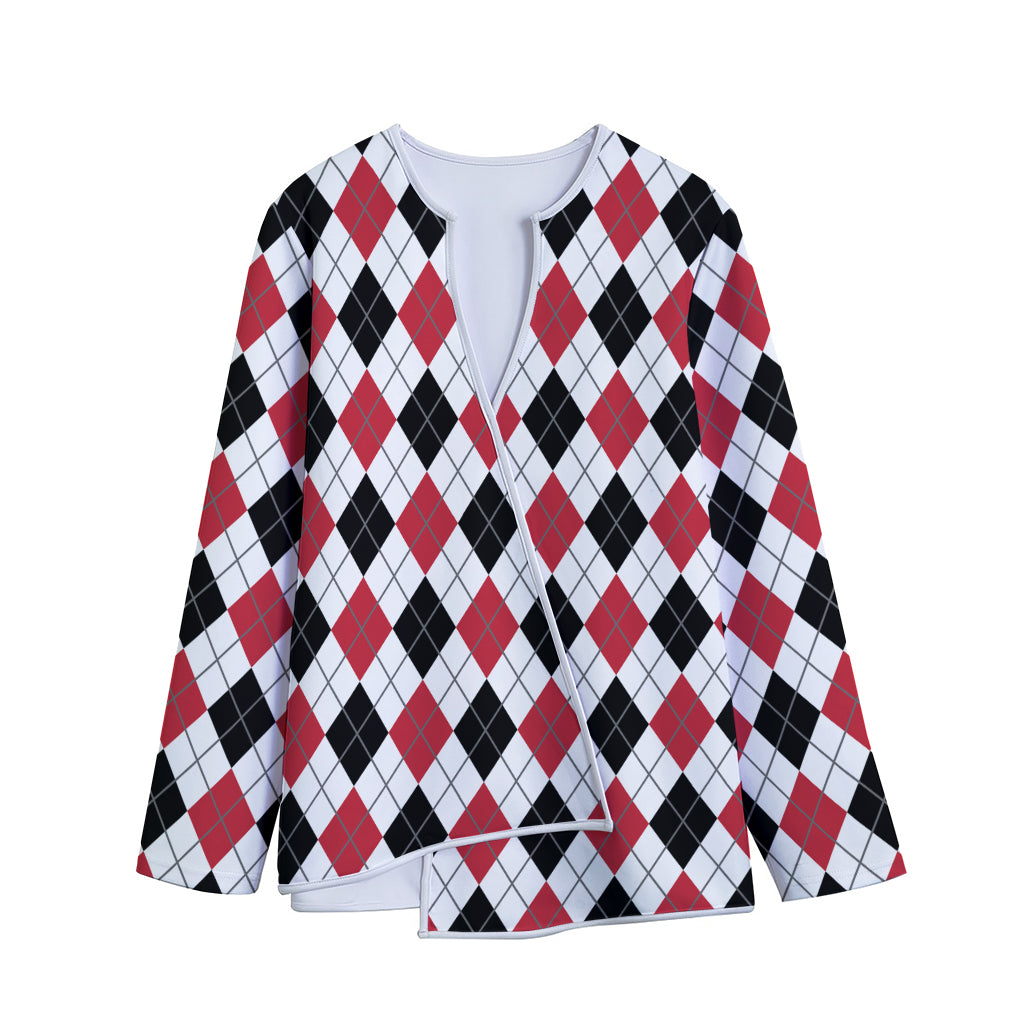 Red Black And White Argyle Pattern Print Long Sleeve Short Coat