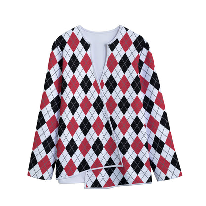 Red Black And White Argyle Pattern Print Long Sleeve Short Coat