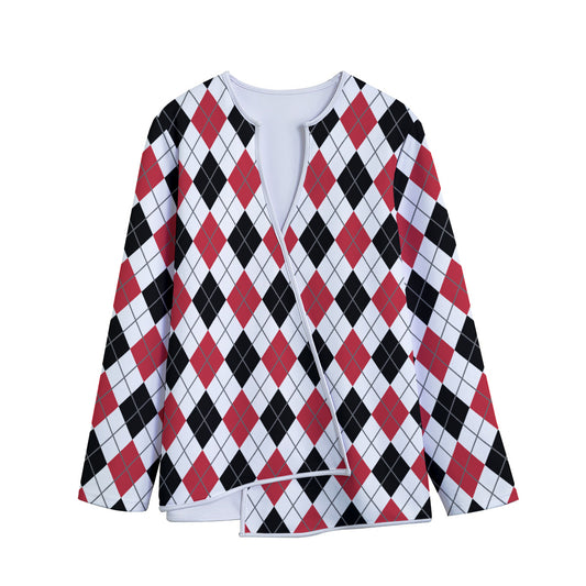 Red Black And White Argyle Pattern Print Long Sleeve Short Coat