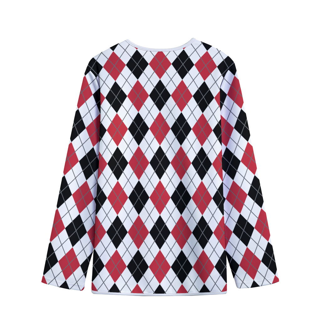 Red Black And White Argyle Pattern Print Long Sleeve Short Coat