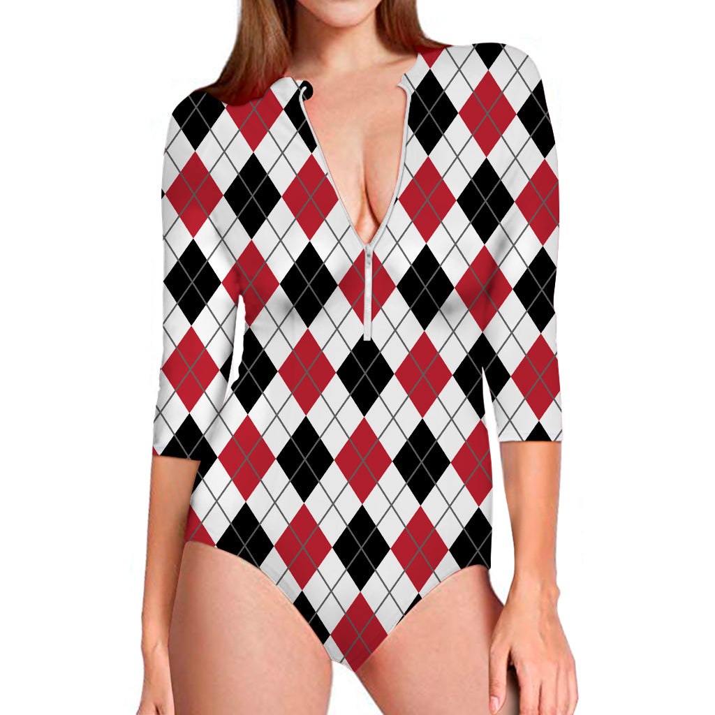 Red Black And White Argyle Pattern Print Long Sleeve Swimsuit