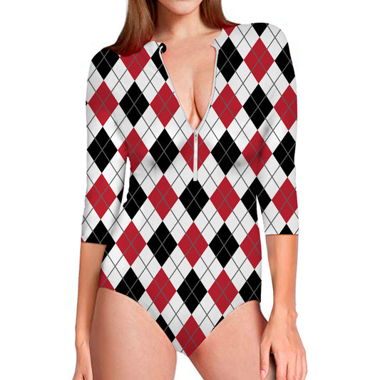 Red Black And White Argyle Pattern Print Long Sleeve Swimsuit