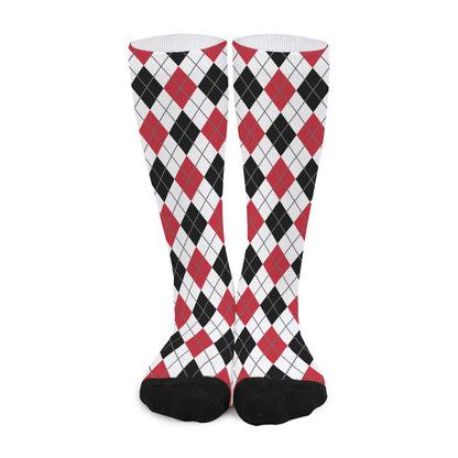 Red Black And White Argyle Pattern Print Long Socks